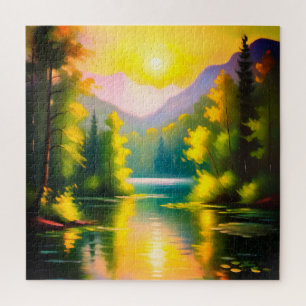 Puzzle Amanecer sobre montañas cubiertas de nieve y lago