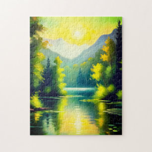 Puzzle Amanecer sobre montañas cubiertas de nieve y lago