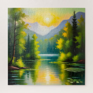 Puzzle Amanecer sobre montañas y lago cubiertos de nieve