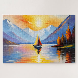 Puzzle Amanecer sobre un lago y montañas nevadas