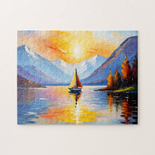 Puzzle Amanecer sobre un lago y montañas nevadas