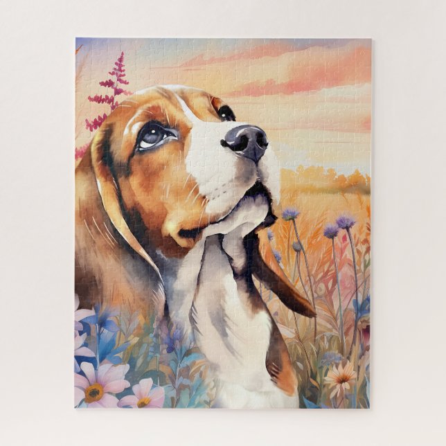 Puzzle Amante de perros Beagle con prado de flores silves (Vertical)