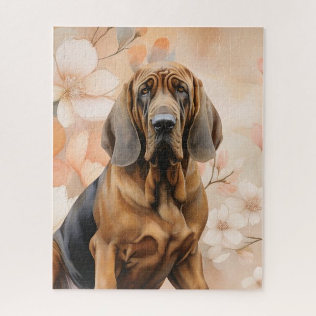 Puzzle Amante del perro Bloodhound y flores de melocotón (Vertical)