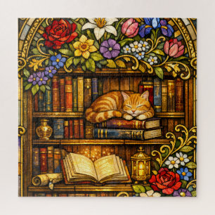 Puzzle Amantes de Libros y Gatos Durmiendo Falso Vidrio E