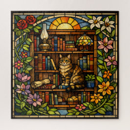 Puzzle Amantes de Libros y Gatos Vidrio Falso Teñido