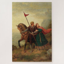 Amantes medievales huyendo con su caballo