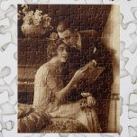 Puzzle Amantes románticos, amantes del amor y el romance<br><div class="desc">Fotografía de época sepia antigua con una imagen romántica y amorosa con una pareja recién casada leyendo partituras junto a un piano.</div>