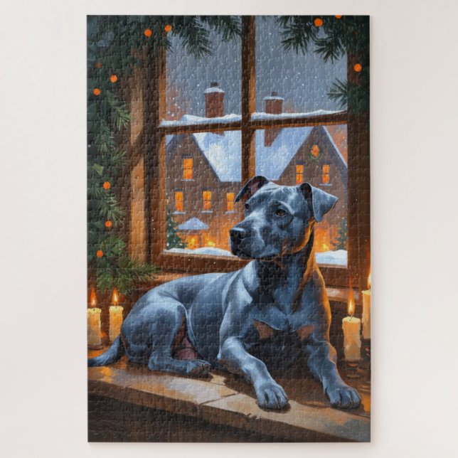 Puzzle American Staffordshire Christmas Lights Holiday (Vertical)
