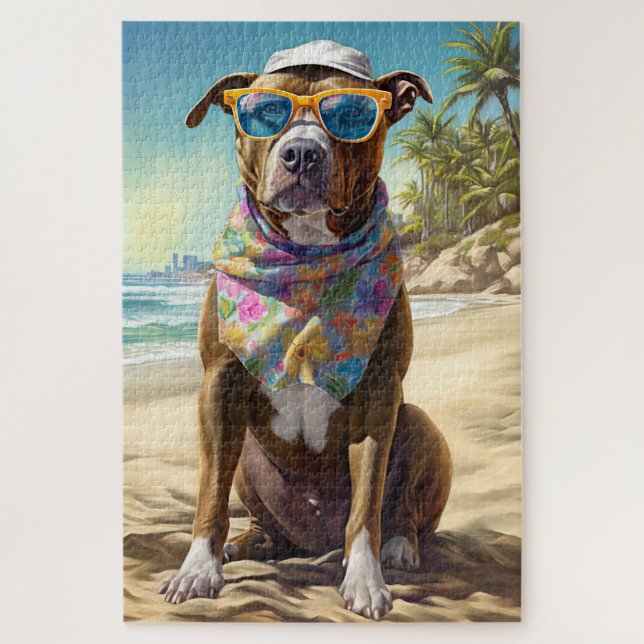 Puzzle American Staffordshire en la playa, regalo de vera (Vertical)