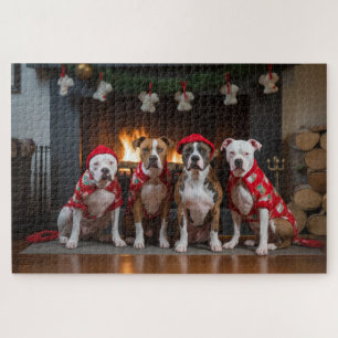 Puzzle American Staffordshire junto a la chimenea Navidad