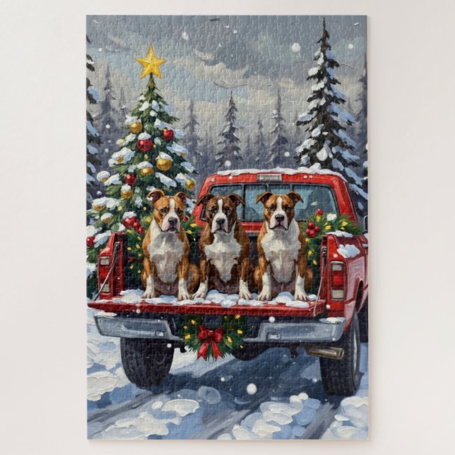Puzzle American Staffordshire Terrier Christmas Red Truck (Vertical)