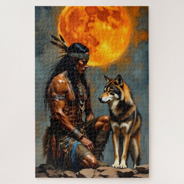 Puzzle Americano nativo y lobo (Vertical)