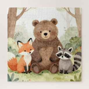 Puzzle Amigos del bosque lindos oso zorro mapache acuarel