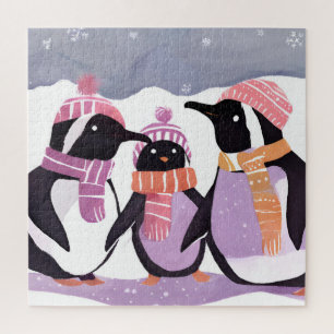 Puzzle Amigos Pingüinos de Navidad Acuarela de Invierno
