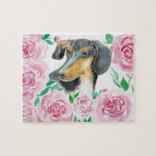 Puzzle Amor al Acuarela de un Dachshund con Rosas Rosadas