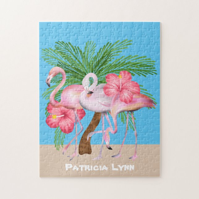 Puzzle Amor de Flamingo rosa suave añadir nombre Beach (Vertical)
