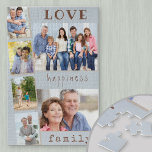 Puzzle Amor Felicidad Familia Fotografía azul Collage<br><div class="desc">Personalizado Photo Puzzle con 6 de sus propias fotos. El collage de fotos muestra 2 imágenes paisajísticas más 4 retratos, con un estilo de tira fotográfica. El diseño tiene una redacción encantadora, especialmente como regalo para la familia, que dice... la familia de la felicidad... en el estilo moderno de la...</div>