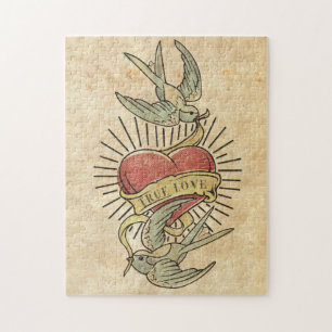 Puzzle Amor verdadero   Aves de tatuaje vintage con coraz