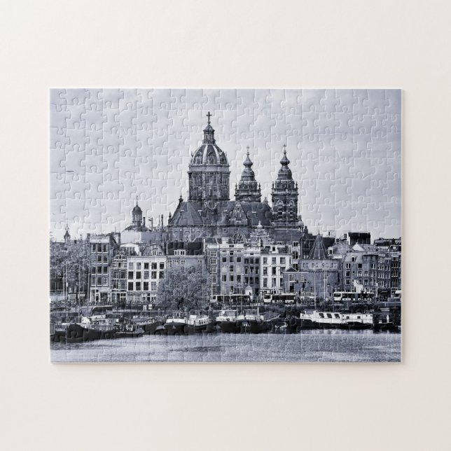 Puzzle Amsterdam, Catedral y barcos - Holanda (rompecabez (Horizontal)
