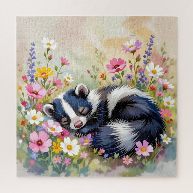 Puzzle An Adorable Skunk Napping in Flowers (Vertical)