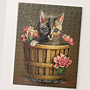 Puzzle Añadir nombre de texto, flores de cesta de gatitos