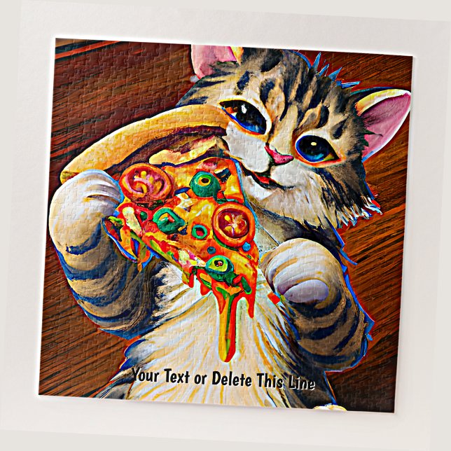 Puzzle Añadir texto de nombre, gato gracioso con pizza (Subido por el creador)