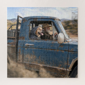 Puzzle Anciano y Labrador Retriever en Camioneta Azul