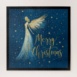 Puzzle Ángel de Navidad dorado sobre azul marino estrella