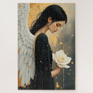 Puzzle Ángel Gótico Hermoso y Rosa Blanca Celestial