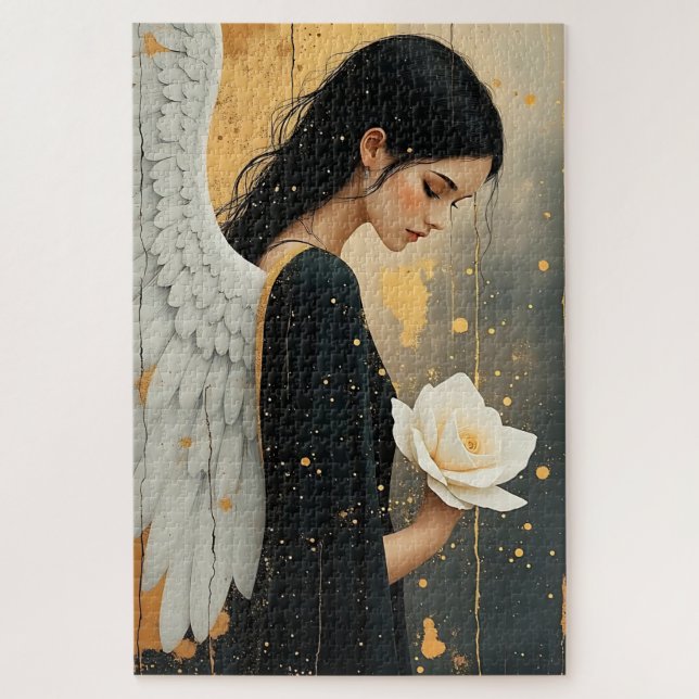Puzzle Ángel Gótico Hermoso y Rosa Blanca Celestial (Vertical)