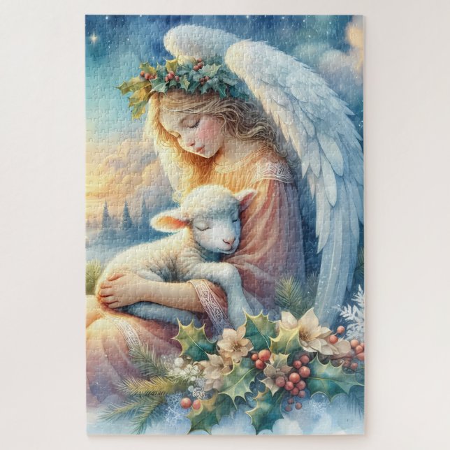 Puzzle Ángel navidades con cordero en la paz invernal (Vertical)