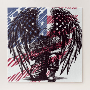 Puzzle Ángel Soldado Americano Orando Arte de Bandera de