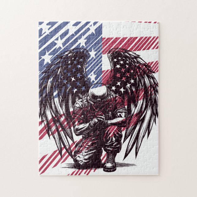Puzzle Ángel Soldado Rezando Arte de Bandera Estadouniden (Vertical)