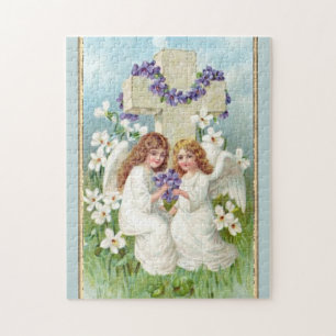 Puzzle Angels Cutos Con Cruz Y Flores