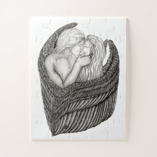 Puzzle Angels Kissing , diseño en blanco y negro
