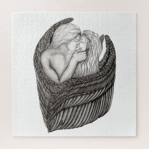 Puzzle Angels Kissing , diseño en blanco y negro