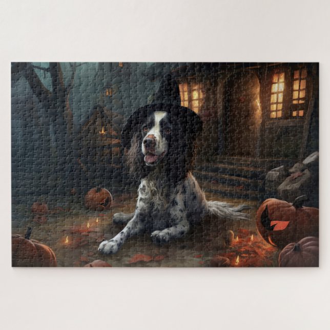 Puzzle Anglo Springer Spaniel calabazas Halloween Scary (Horizontal)