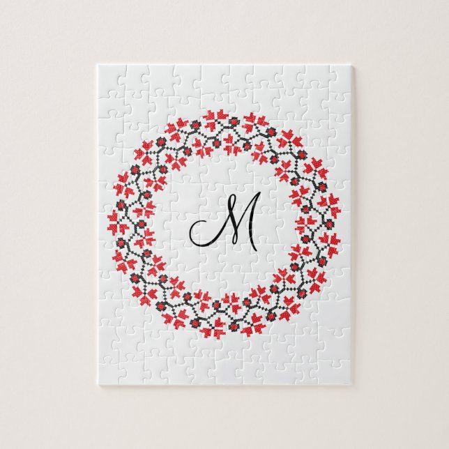 Puzzle Anillo de flores rojas Monograma personalizado ini (Vertical)