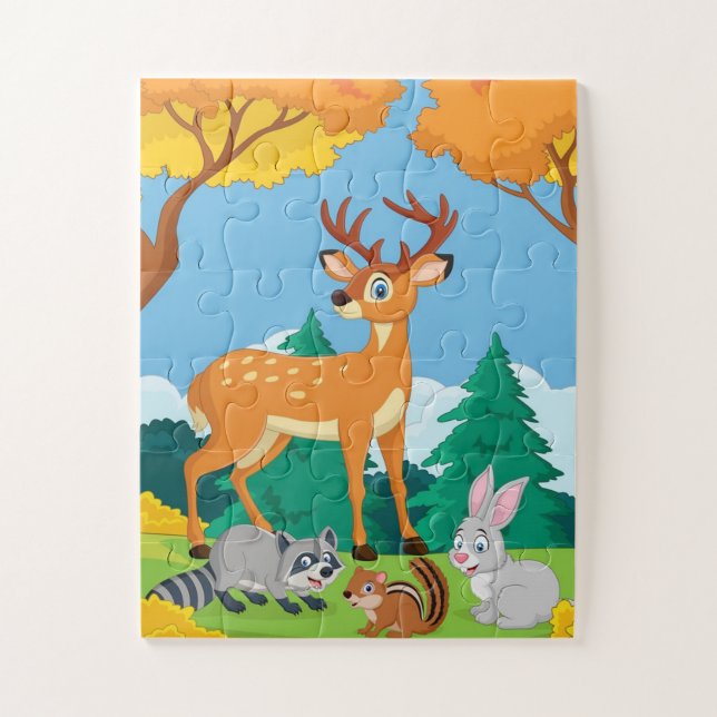 Puzzle Animales forestales Raccoon Chipmunk Rabbit Deer (Vertical)