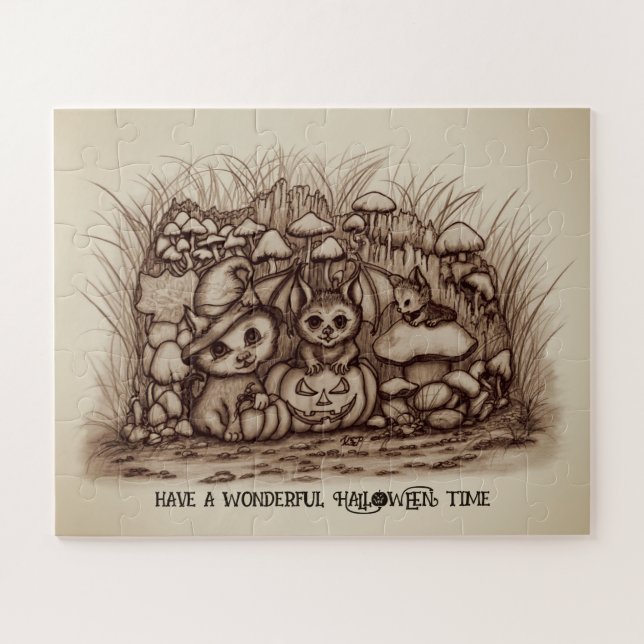 Puzzle Animales lindos esperando Halloween (Horizontal)