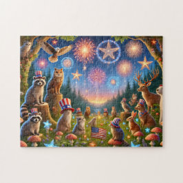 Puzzle Animales Patrióticos del Bosque en Fuegos Artifici