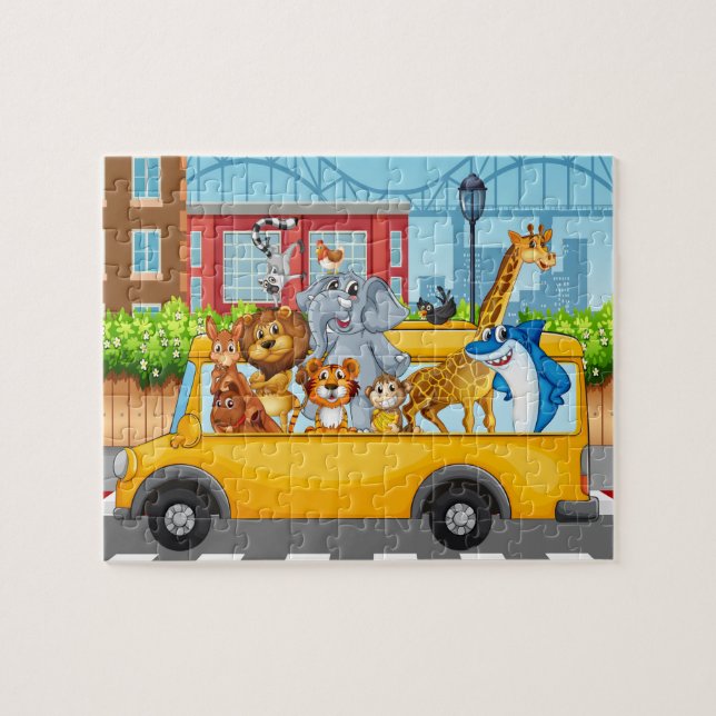 Puzzle Animales salvajes en el autobús escolar (Horizontal)