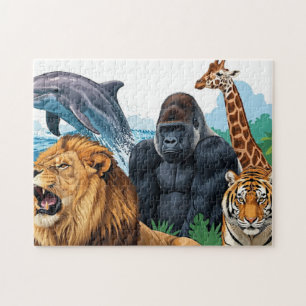 Puzzle Animales zoológicos salvajes: león, tigre, delfín