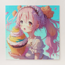 Puzzle Anime Chica con un caprichoso pastel