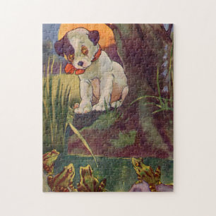 Puzzle Años 1930 adorables cachorros y ranas toro