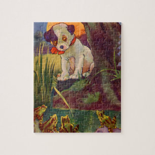 Puzzle Años 1930 adorables cachorros y ranas toro
