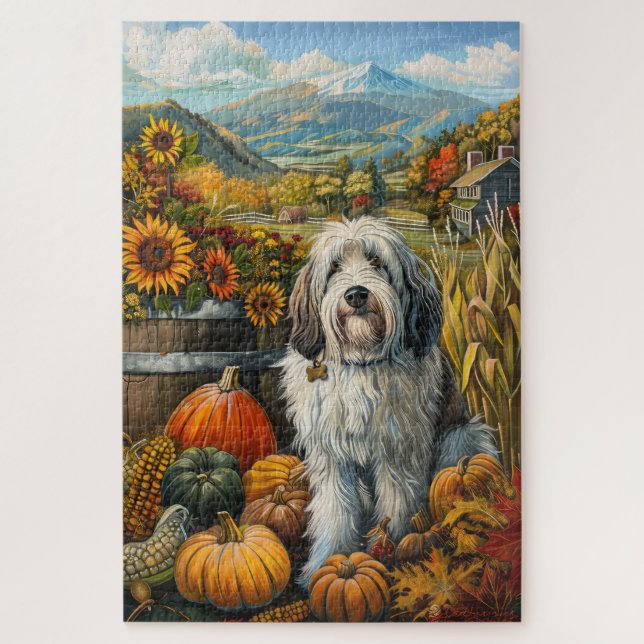 Puzzle Antiguo Sheepdog inglés de otoño cosecha Acción de (Vertical)