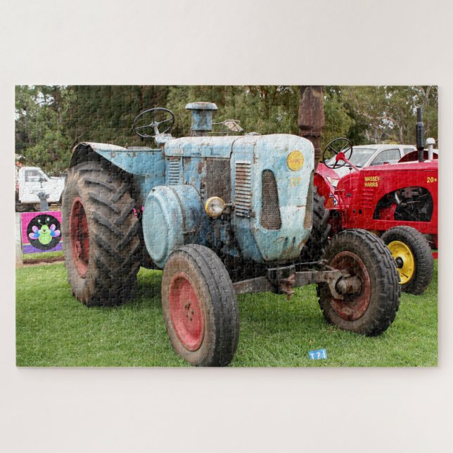 Puzzle Antiguo tractor vintage azul (Horizontal)