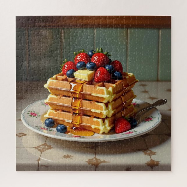Puzzle Antique Plate of Waffles with Strawberries  (Vertical)