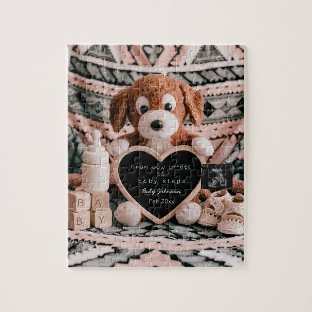 Puzzle Anuncio de embarazo adorable con peluche de cachor (Vertical)